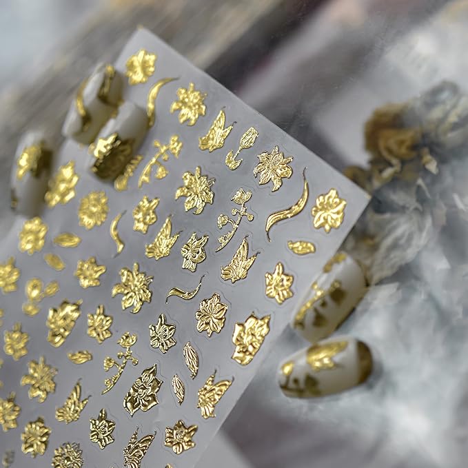 1 Sheets 5D Embossed Fall Nail Stickers for Nail Art Self-Adhesive Gold Flower Nail Art Stickers Gold Butterfly Autumn Leaves Nail Decals Floral Nail Design Sticker for Women Nails Decoration