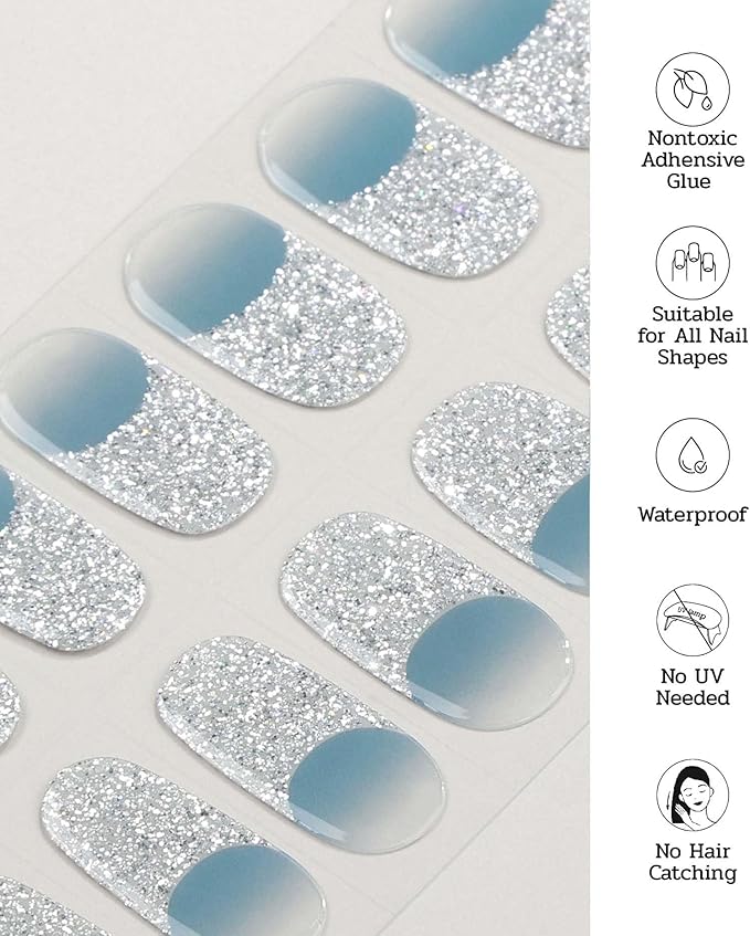 Nail Polish Strips - 22 Pcs Salon Quality Gel Nail Stickers - Long Lasting Wraps (Falling of Tide Blue)