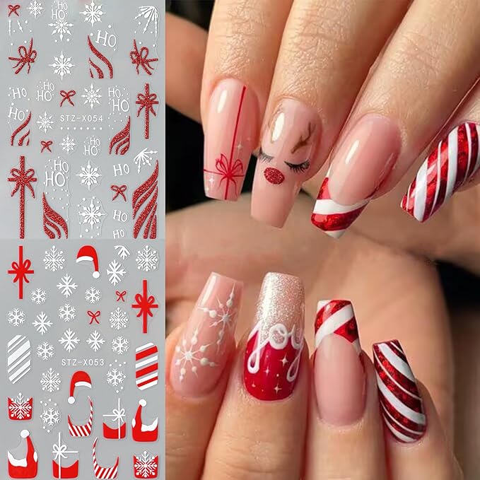 Christmas Nail Stickers,Cartoon Xmas with Cute Gingerbread Man Snowflake Candy Crutch Snowflake Gift Bow Elk French Glitter Design Self-Adhesive Decals for Nails Winter Manicure Decoration 6Sheets