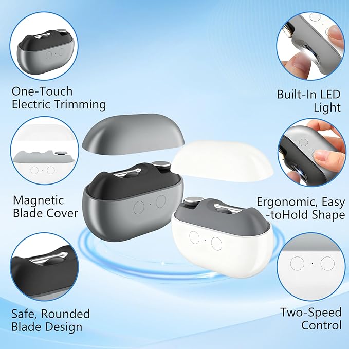 Fanyil Easy Clip Nail Clippers,Easyclip Smart Nail Clipper,Electric Nail Clipper, 3-in-1 Automatic Nail Trimmer, Polisher & Clip Storage with LED Light,for Seniors, Kids (White)