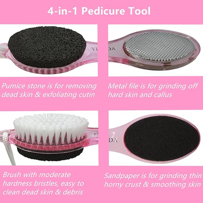 Foot File Callus Remover 4-in-1, Feet Scraper Pedicure Tools with Pumice Stone, Foot Scrubber Brush, Foot Rasp and Sand Paper, Double Sided Multi Purpose for Home Foot Care, Clear Pink