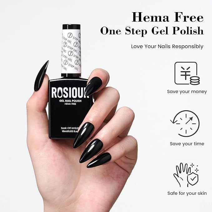HEMA and TPO Free Black Gel Nail Polish Kit with U V Light for Chrome Nail Powder, 18 ML One Step Gel Nail Polish 3-in-1, No Need Base and Top Coat Women Girl Nail Lovers
