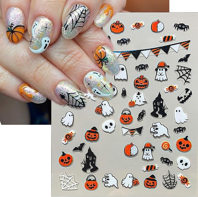 4Pcs Halloween Nail Art Stickers 3D Self Adhesive Cute Spider Ghost Nails Decals Bat Spider Web Maple Leaf Pumpkin Design Fall Nail Stickers Holiday Nails Supplies for Women Halloween Manicure Decor