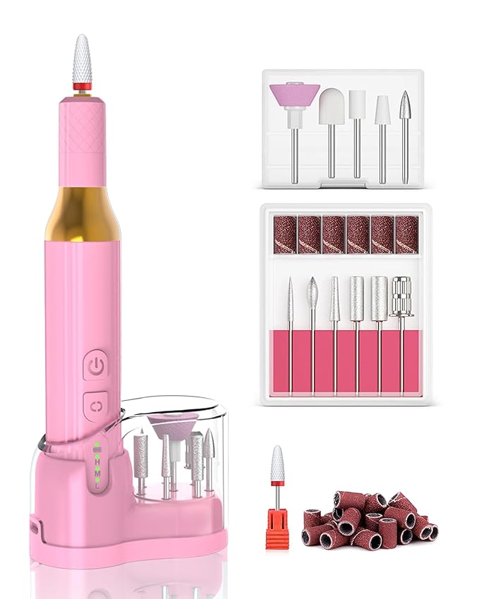 Electric Cordless Nail Drill Portable Nail Drill Machine for Gel Acrylic Nails, Rechargeable Nail File for Home Salon Electric Nail File Pink