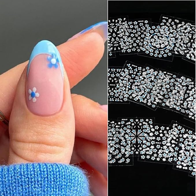 30Sheets Flower Nail Stickers 3D Self-Adhesive White with Blue Rhinestones Cherry Blossoms Daisy Nail Art Stickers Spring Summer Flowers Nail Art Design Decals for Acrylic Nail Decoration Charms Tips