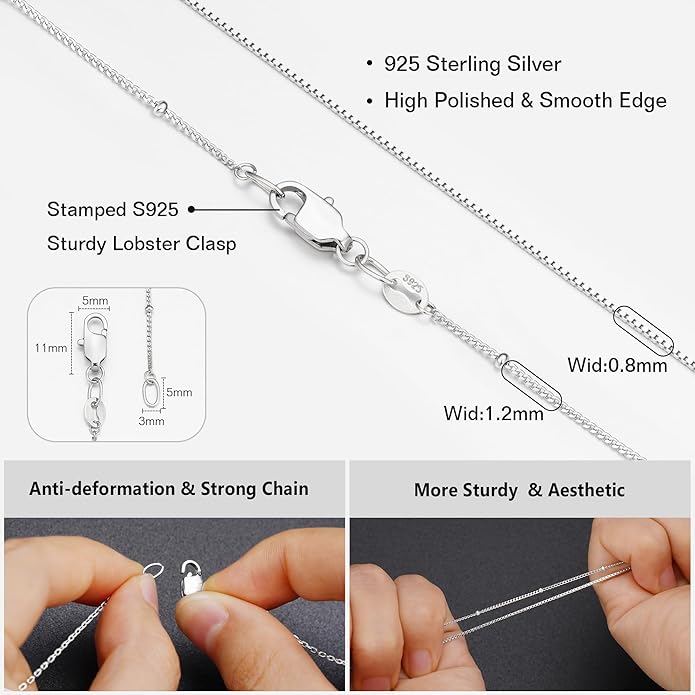 IIEFWELL S925 Sterling Silver Chain Necklace for Women - 1.2/0.8mm Satellite Bead Cable Box Chains Necklace Set, Hypoallergenic Sturdy Women's Chain Necklaces, 16/18/20/22 Inches Jewelry Gifts