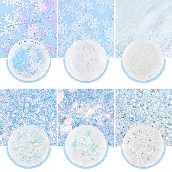 6 Boxes Christmas Nail Art Glitter Sequins Winter White Snowflake Flakes 3D Holographic Xmas Supplies for Acrylic Nails Decorations Accessories for Women