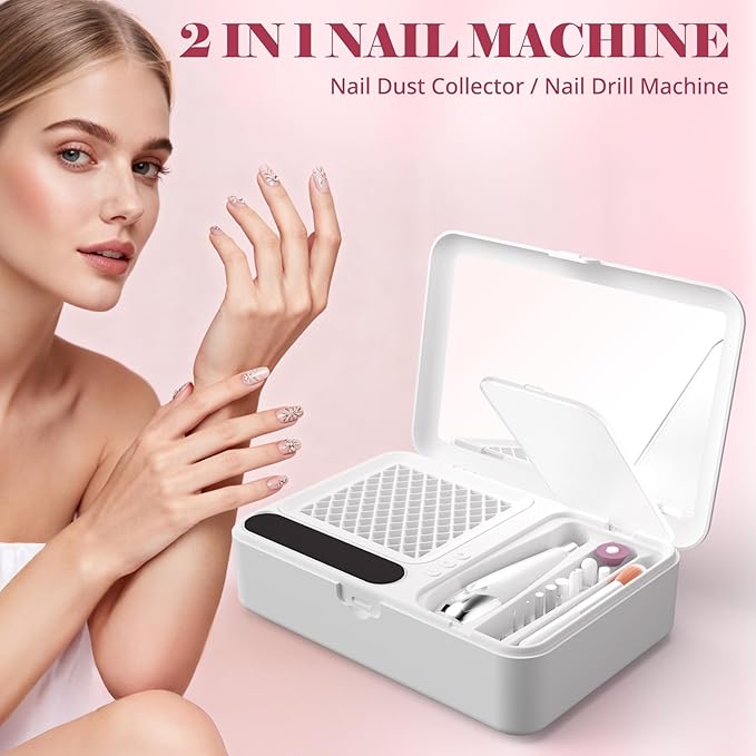Nail Dust Collector and Cordless Electric Nail Drill File Kit, Professional Portable Manicure Pedicure, 13 Bits, HPro Powerful Dust Suction Machine for Home Salon - White