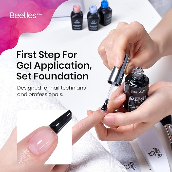 Beetles Pro Gel Base Coat– 20ml Each, Hema-Free & Self-Leveling Long-Lasting to 28 Days - Soak-Off Gel for LED/U V Lamps, Professional Salon Manicure