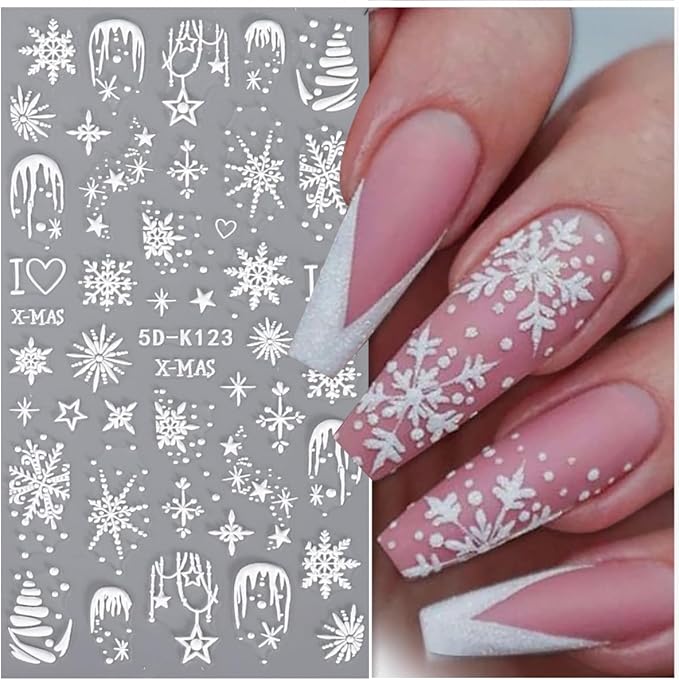 JMEOWIO 3D Embossed Christmas Snowflake Holiday Nail Art Stickers Decals Self-Adhesive 5D Nail Supplies Nail Art Design Decoration Accessories 3 Sheets