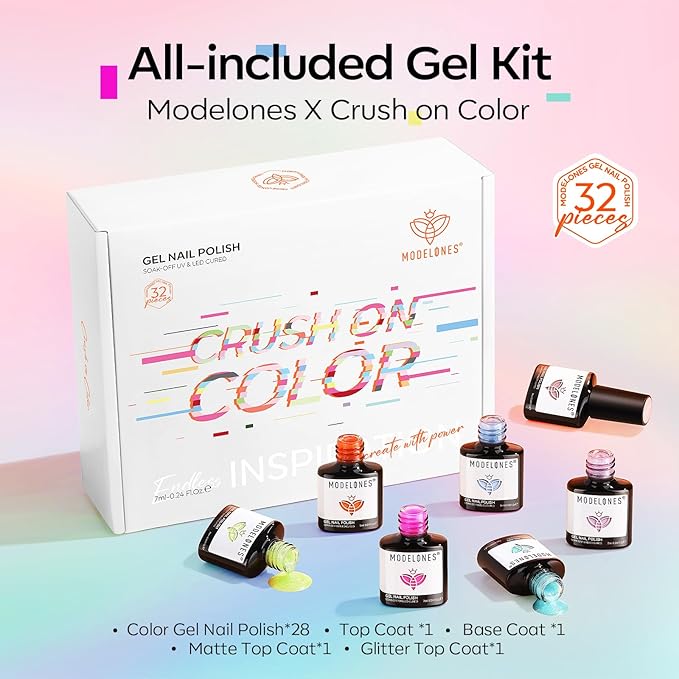 modelones 32 PCS Summer Gel Nail Polish Set, 28 Colors Glitter Cat Eye Jelly Pearl Chameleon Gel Polish with Magnet, No Wipe Base Coat, Glitter & Glossy & Matte Top Coat Soak Off Nail Art Kit