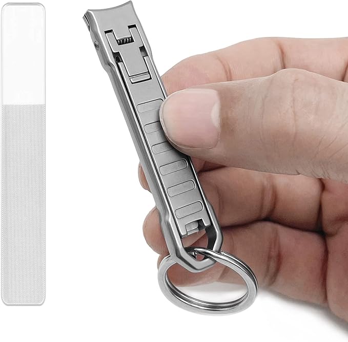 Nail Clippers for Natural Finger Nails Ultra Thin Mini Travel Portable Folding Wide Jaw Cutter with Glass Nail File Curved Trimmer for Fingernail Toenail, with Keychain(X021DB-S)