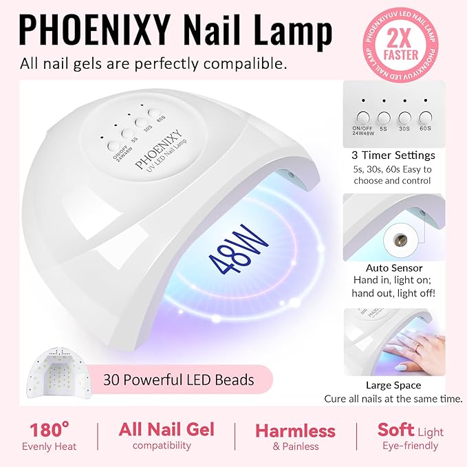 phoenixy Gel Nail Polish Kit with U V Light 64 Pcs Gel Nail Set 45 All Seasons Colors Nail Polish Set Base & 4 Effects Top Coat Manicure Tools Complete Nail Kit Gifts for Women Girls