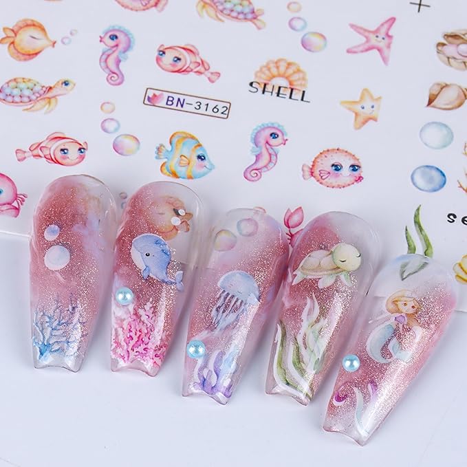 Summer Nail Stickers for Nail Art 36 Designs Ocean Water Transfer Nail Decals Sea Shell Starfish Jellyfish Sea Turtle Seaweed DIY Stickers Nails Supplies Vacation Beach Manicure Decoration 3 Sheets