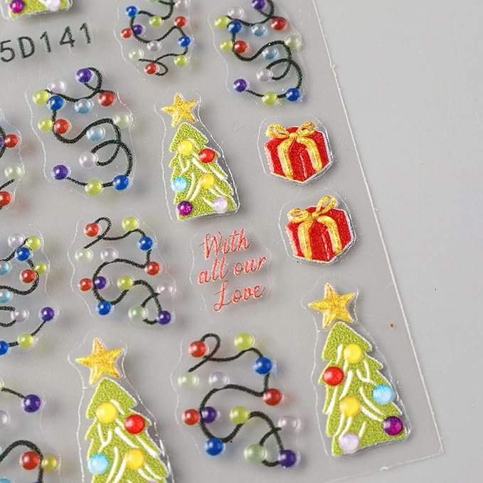 2Pcs Christmas Colorful Light Nail Art Stickers 5D Embossed Nail Decals Neon Lamp Xmas Tree Gifts Design Manicure Sliders Self-Adhesive Winter Nail Art Supplies for Women New Year Nail Decoration