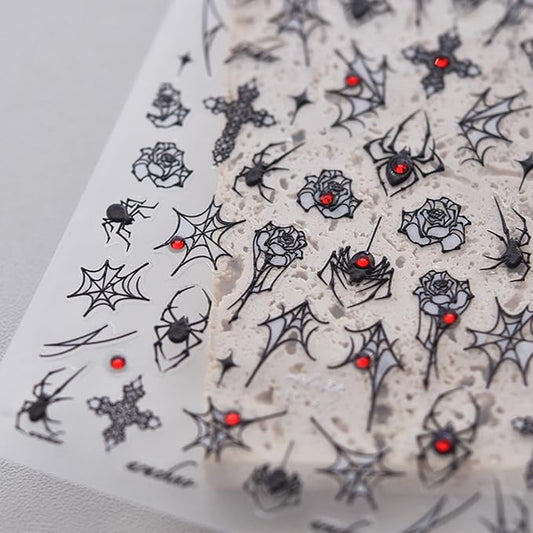 Halloween Nail Art Stickers Spider Web Spider Nail Decals 5D Crystal Diamond Nail Stickers Black Spider Web Spiders Cross Rose Nail Art Supplies Halloween Nail Accessories for Women Nails Decorations