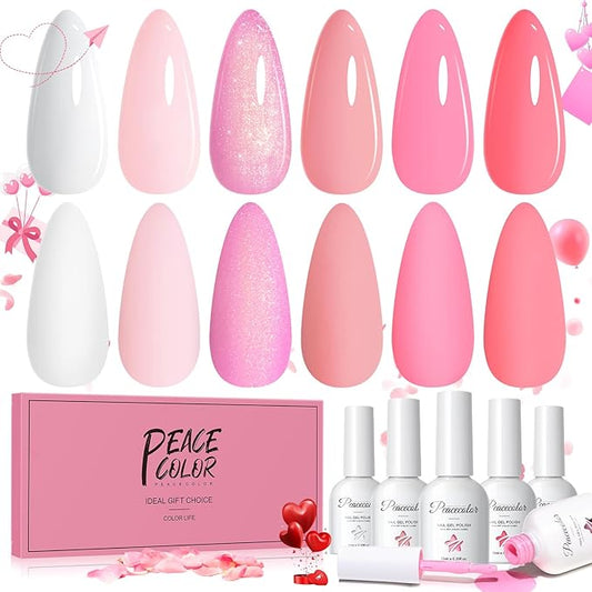PEACECOLOR Pink Gel Nail Polish Set, 6 Colors 10ML Gel Polish Starter Kit Pink White Glitter Collection Soak Off Gel Manicure Set for Nail Art Home Salon