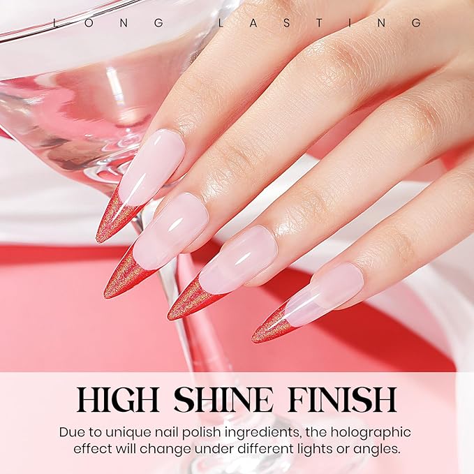 MIZHSE Holographic Nail Polish, Red Glitter Nail Polish Air Dry Fast, 15 ml 0.5 fl oz High Glossy Shiny Nail Pigment Oil-based Laser Iridescent Chrome Halo Nail Art Salon Manicure Home
