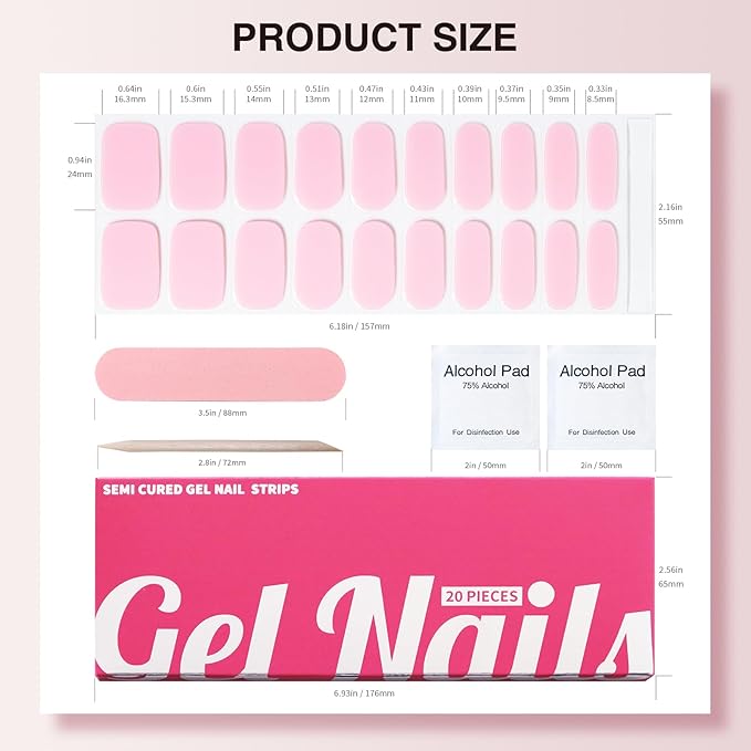 Semi Cured Gel Nail Strips, 20 PCS Gel Nail Stickers Work with UV Light, Salon Quality & Easy to Use - Rosy Luster