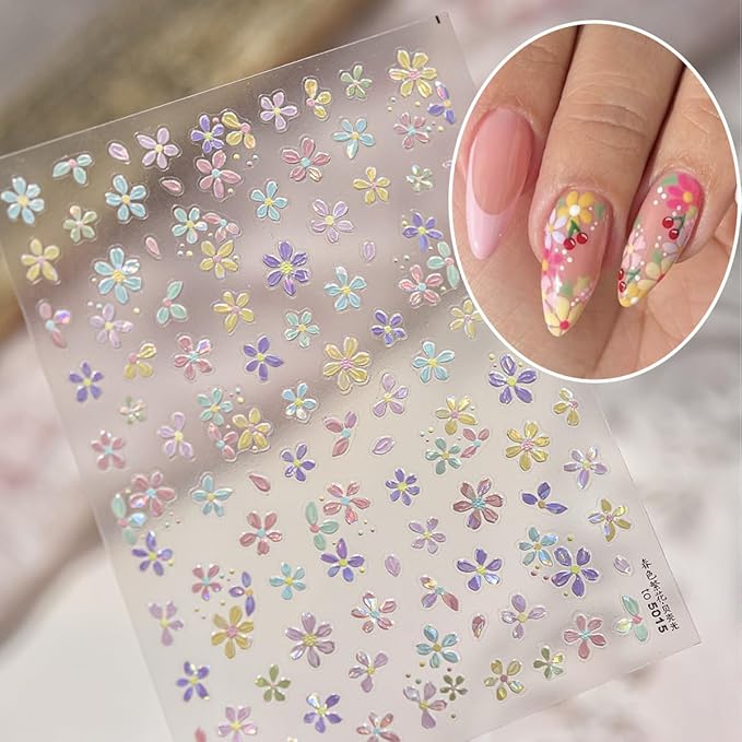 1 Sheet Colorful Flower Nail Stickers, 5D Embossed Self-Adhesive Nail Decals, Summer Glossy Floral Nail Design Stickers for Women DIY Spring Floral Manicure Decoration Supplies