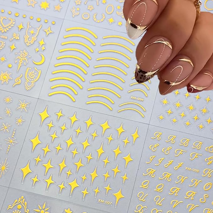 30 Sheets Star Nail Sticker Gold Star Moon Nail Art Stickers Heart Knot Bow Design 3D Self-Adhesive Nail Decals for Women Girls DIY Nail Art Decoration Accessories