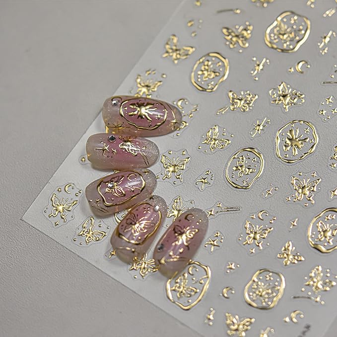 5D Embossed Gold Nail Stickers Butterfly Nail Art Stickers Self-Adhesive Bronzing Butterflies Star Nail Decals Gold Nails Design Manicure Decorations for Women Girls DIY Nail Supplies 1Pcs