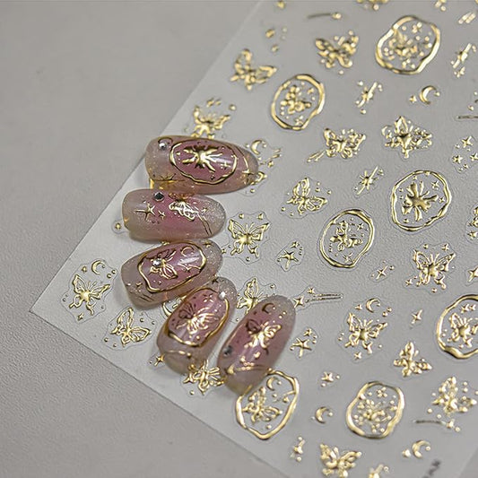 5D Embossed Gold Nail Stickers Butterfly Nail Art Stickers Self-Adhesive Bronzing Butterflies Star Nail Decals Gold Nails Design Manicure Decorations for Women Girls DIY Nail Supplies 1Pcs