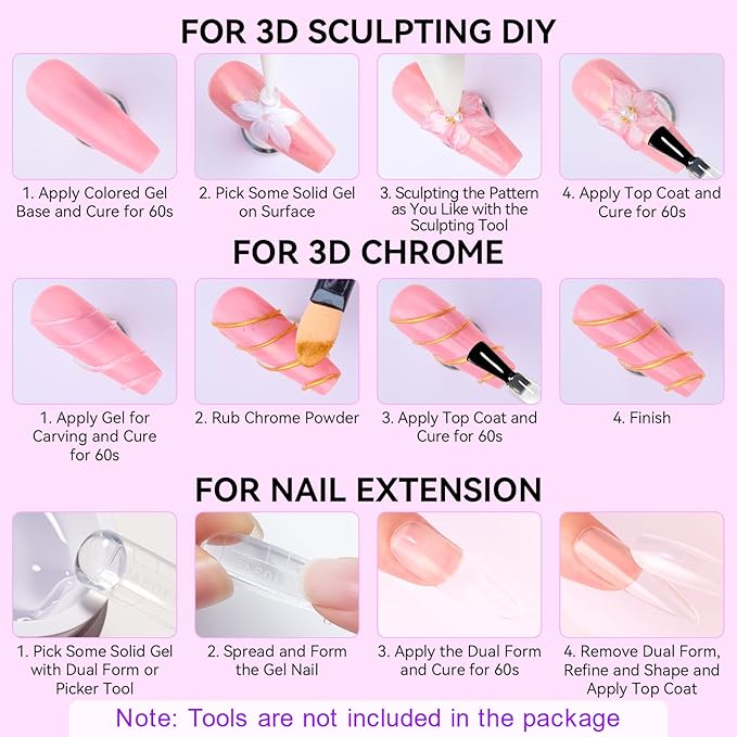 Makartt 3D Gel Nail Art: 4 in 1 Clear Solid Gel Builder for Extension UV Nail Glue for Acrylic Nails Rhinestones 3d Sculpting Gels Hard Gels for Nails UV/LED Nails Lamp Required 15ML 2 Bottles