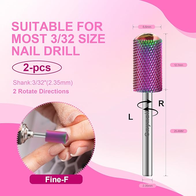 3/32" 2PCS Large Barrel Smooth Round Top Tungsten Carbide Nail Drill Bit Safety Bit for Gel & Acrylic Removal, 2-Way Rotating Efile Tip, Salon Electric File Accessory (F Grit, Multicolor)