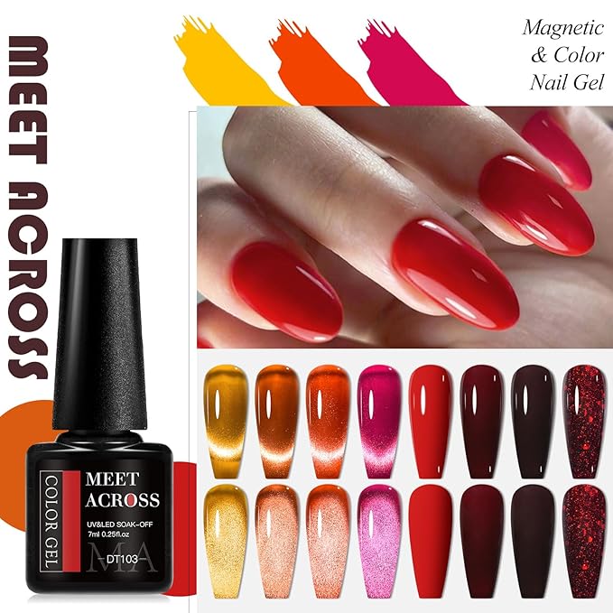 MEET ACROSS 8pcs Gel Nail Polish Set, Soak off UV LED Lamp Gel Nail Polish Cat Eye Set Home Gel Manicure Kit 7ml (Cat Eye + color Gel-1)