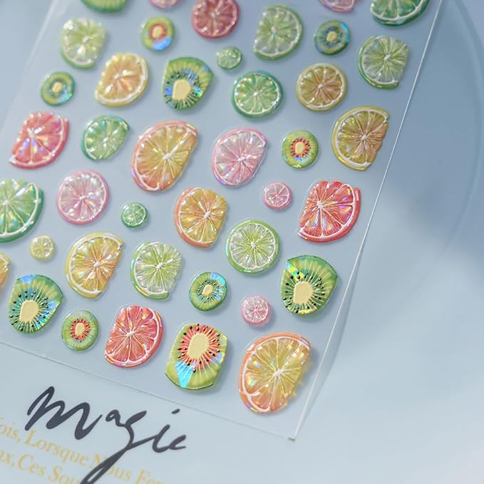 Summer Nail Art Stickers 5D Embossed Fruit Style Nail Decals Lemon Kiwifruit Self-Adhesive Nails Design Summer Nail Stickers Manicure Supply for Women DIY Nail Art Decorations