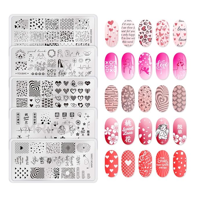 MR.FOX 5 Pcs Nail Print Board Set Valentine's Day Theme Various Hearts Cupid Electrocardiogram Nails Art Stamping Plate