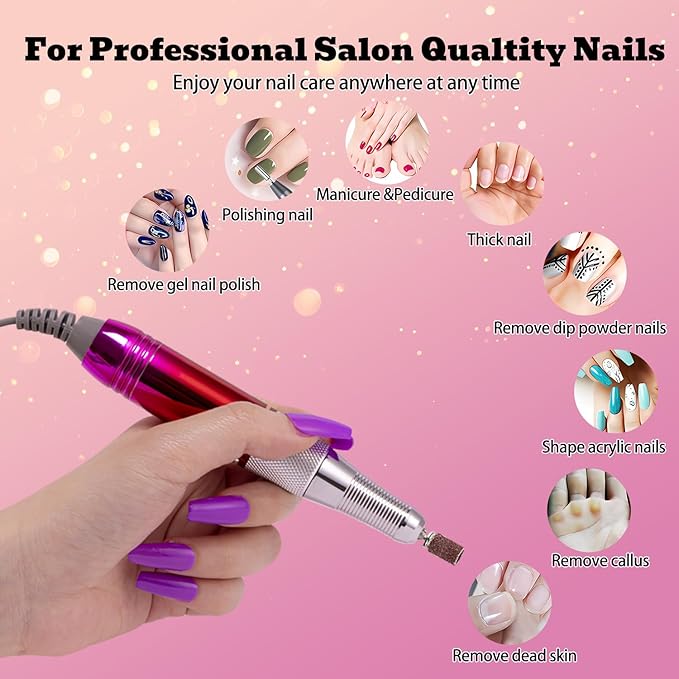 Electric Nail Drill Machine 35000RPM Professional Portable Nail File Cordless Rechargeable Nail Efile for Acrylic Gel Nails Manicure Pedicure Polishing Shape Tools for Salon Home Use (Snowflake Pink)