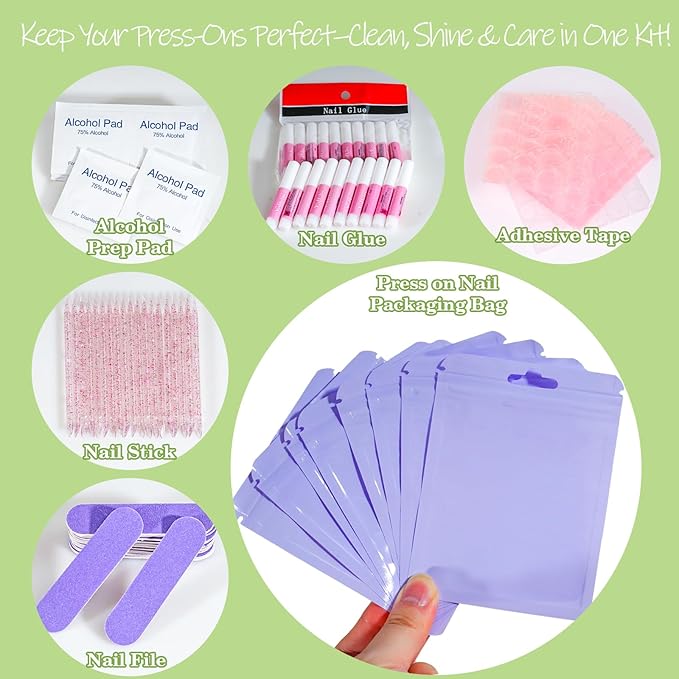 Press On Nail Tool Kit with Everything, Bebbtiy Press On Nail Prep Tool Kit Disposable Manicure Kit with Nail File, Nail Glue, Prep Pads, Adhesive Nail Tabs, Wood Stick, Packaging Bag (20pcs-purple)