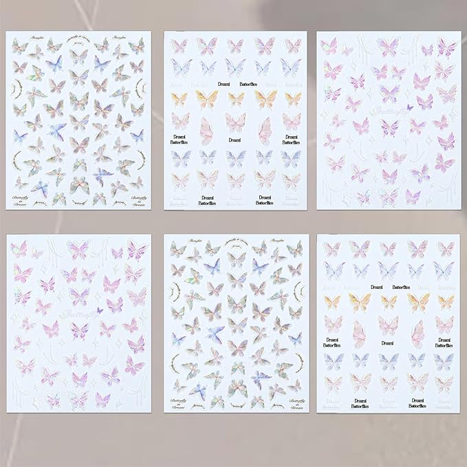 6 Sheets Butterflies Nail Art Stickers, 3D Self-Adhesive Shining Aurora Shell Nail Decals for Women, Laser Butterfly Design for DIY Nail Supplies Decoration