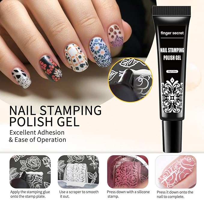 Nail Stamping Gel Polish Kit - 4 Colors (White, Red, Gold, Blue) - Gel Nail Art Set with UV Lamp