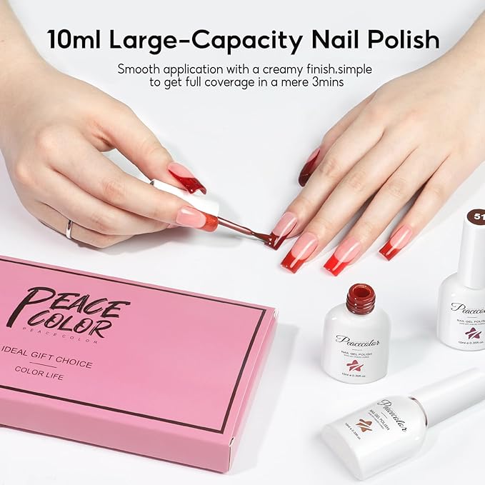 Peacecolor Red Gel Nail Polish Set, 6pcs 10ML Soak Off Gel Polish Dark Red Burgundy Shimmer Glitter Colors Nail Art Starter Kit Gifts for Women