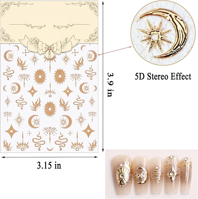 Gold Snake Nail Art Stickers 5D Self-Adhesive Embossed Moon Sun Pattern Design Nail Decals Retro Gilded Snake Nail Supplies for Women Girls DIY Summer Manicure Decoration Exquisite Cardboard 1 Sheet