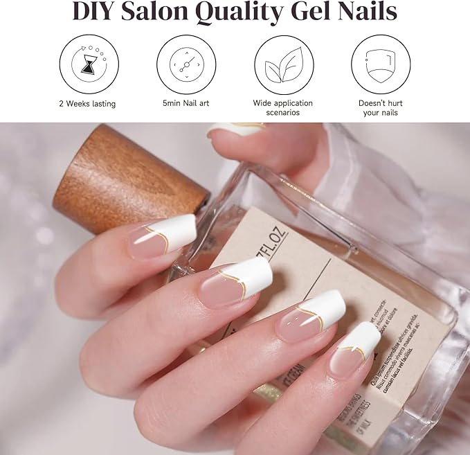 Semi Cured Gel Nail Strips, 28 pcs Gel Nails Stickers for Women Work with Any UV Lamp, Long Lasting Nail Wraps for Home DIY Nails Art (Gilded French)