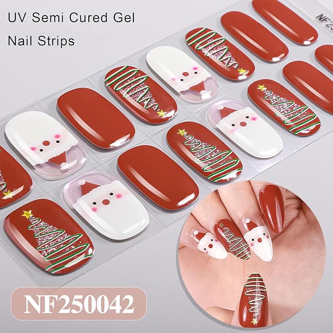 Christmas Semi Cured Gel Nail Strips, 16 Pcs Winter Xmas Gel Nail Stickers Christmas Tree Santa Claus Designs Red Wraps for UV/Led Manicure Lamp Nails Art Decorations