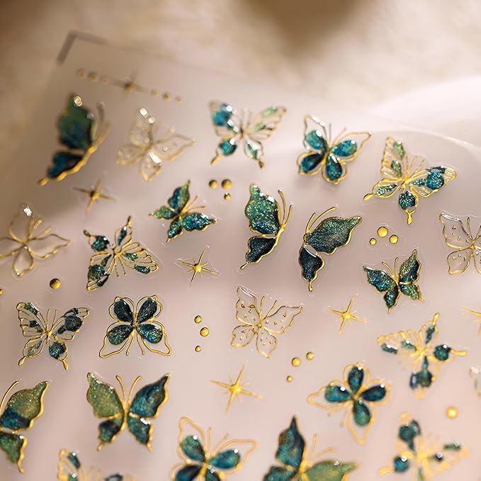 Green Butterfly Nail Stickers for Nail Art 5D Embossed Nail Decals Gold Butterfly Nail Art Stickers Cute Nail Supplies for DIY Manicure Self Adhesive Nails Design for Women