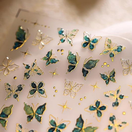 Green Butterfly Nail Stickers for Nail Art 5D Embossed Nail Decals Gold Butterfly Nail Art Stickers Cute Nail Supplies for DIY Manicure Self Adhesive Nails Design for Women