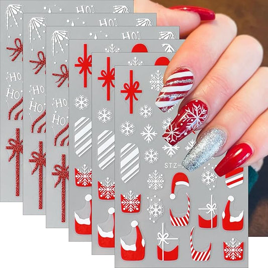 6 Sheets Christmas Hat French Nail Art Stickers 3D Christmas Snowflake Gift Bow Nail Decals Self-Adhesive Glitter Stripe Nail Stickers Winter Xmas Nail Design for Women Girls Manicure Decoration