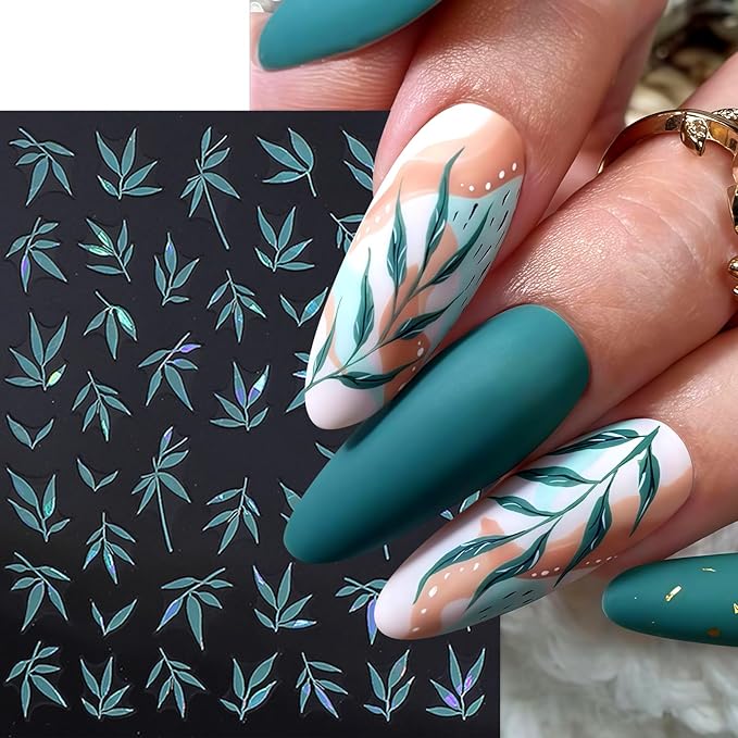5 Sheets Fall Leaves Nail Art Stickers 3D Self-Adhesive Gold Silver Blue Green Leaf Autumn Leaves Nail Stickers Fall Orange Leaf Design Thanksgiving Day Nails Supplies for Women Manicure Decoration