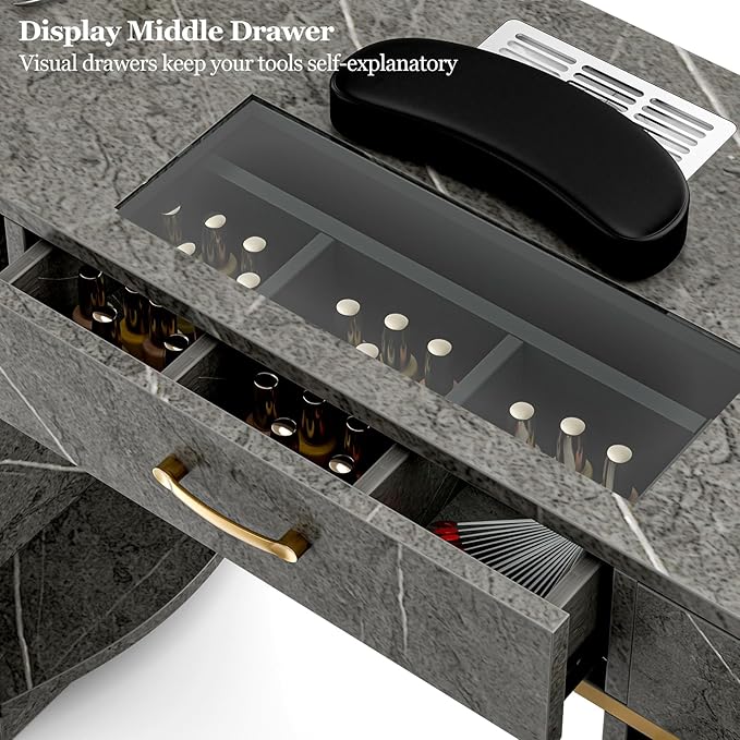 Nail Tech Table with Dust Collector, Glass Top Manicure Table Nail Desk Station w/7 Drawers & 3-Tiers Open Shelves, Nail Beauty Workstation w/Wrist Cushion & Golden Handles（Gray Marble Color）