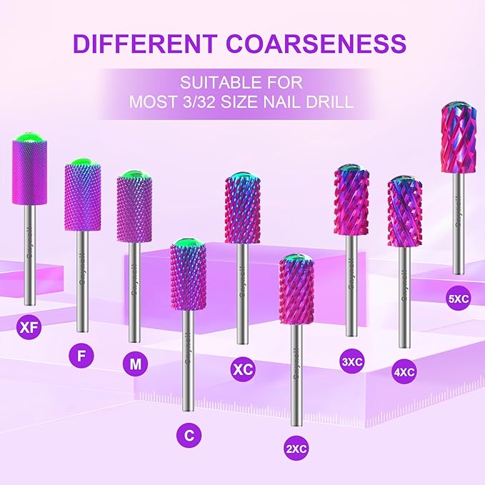 3/32" 2PCS Large Barrel Smooth Round Top Tungsten Carbide Nail Drill Bit Safety Bit for Gel & Acrylic Removal, 2-Way Rotating Efile Tip, Salon Electric File Accessory (XF Grit, Purple)
