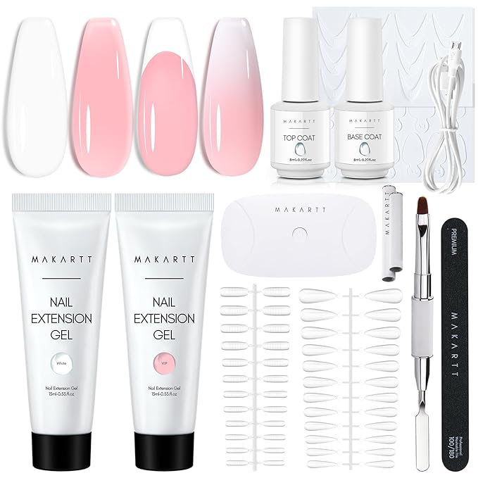Makartt Poly Nail Gel French Manicure Kit : White Pink Hard Gels for Extension 15ML, UV LED Nail Lamp, Base Top Coat, Dual Forms, 100/180 Nail File, Silicone French Nails Stickers, All in One Set