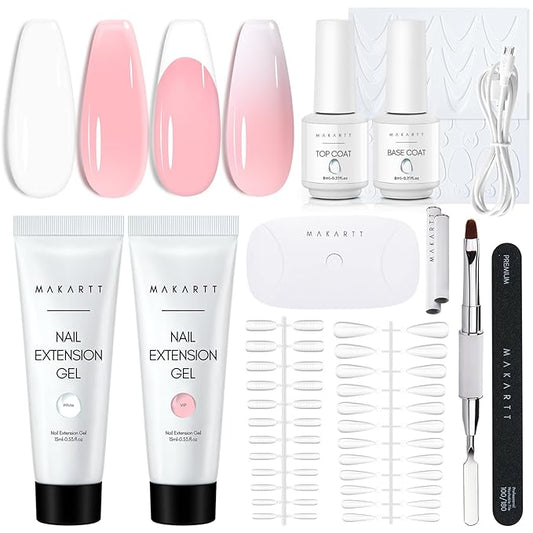 Makartt Poly Nail Gel French Manicure Kit : White Pink Hard Gels for Extension 15ML, UV LED Nail Lamp, Base Top Coat, Dual Forms, 100/180 Nail File, Silicone French Nails Stickers, All in One Set