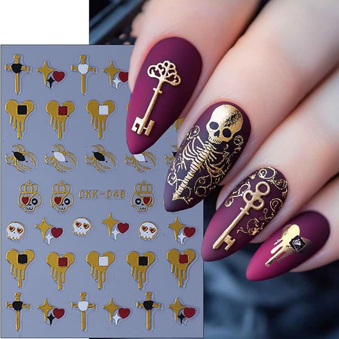 10 Sheets Halloween Nail Art Stickers Decals 3D Skeleton Pumpkin Spider Knife Etc Self-Adhesive Designs Nail Decals Supply Red Gold Skull Cross Nail Stickers for Women DIY Manicure Decoration