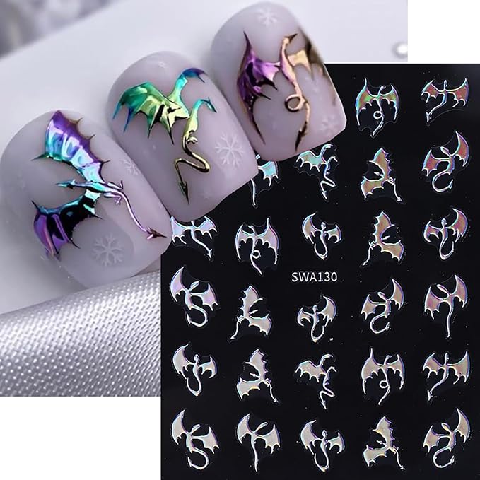 6 Sheets Halloween Nail Stickers for Nail Art Horror Bat Nail Decals Gold Silver Holographic Laser Gothic Dragon Nail Art Stickers 3D Self-Adhesive Halloween Bats Nail Design Supplies for Women